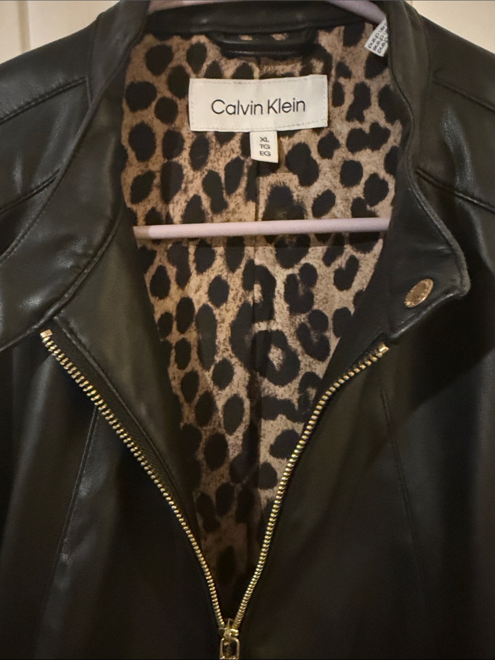 Calvin Klein Black Faux Leather Zip-Up Jacket with Leopard Lining